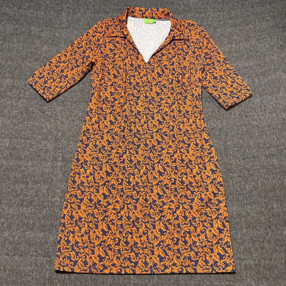 Katherine Way Dress Medium Orange Blue 3/4 Sleeve Shift Womens Golf Tennis